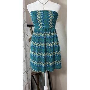 Roxy Dress Womens XS Blue Green Strapless Chevron Knit Mini Beach Summer Casual